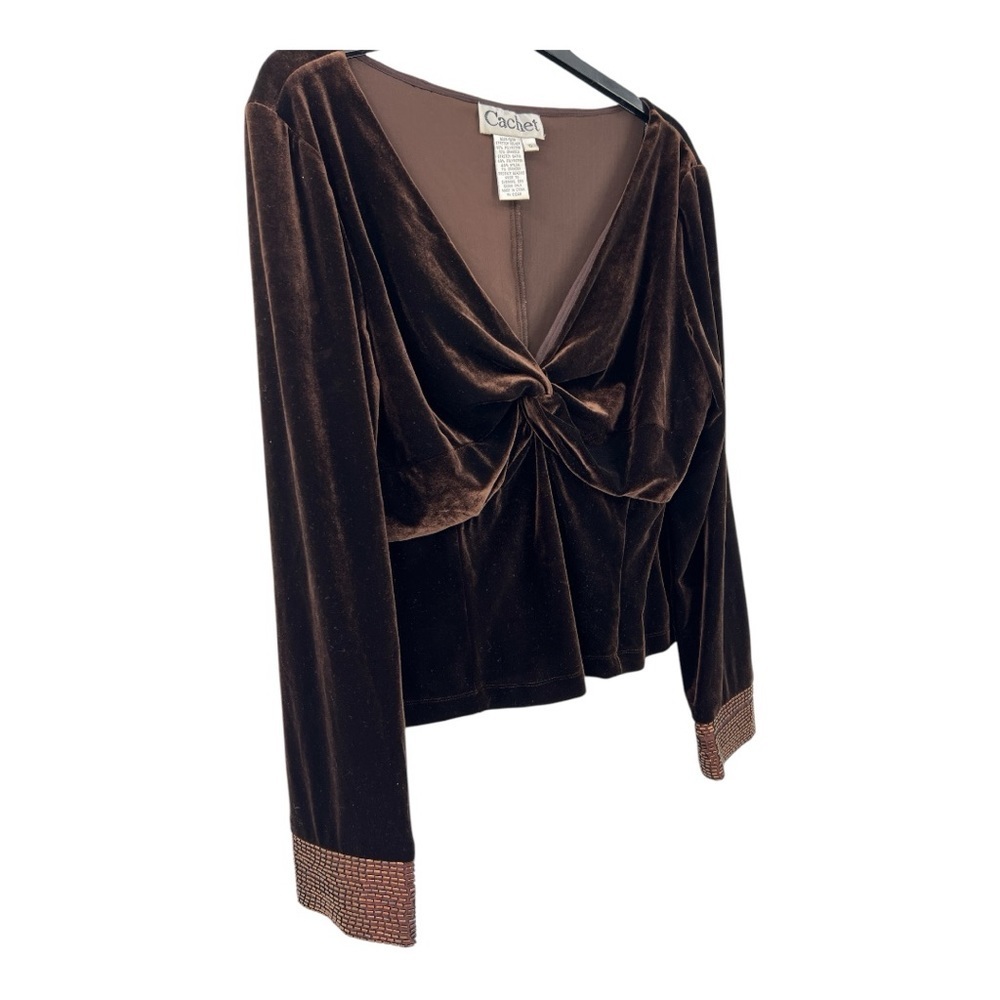 Cache Velvet Brown Babydoll Beaded Sleeves Cropped Pullover Top SZ 10